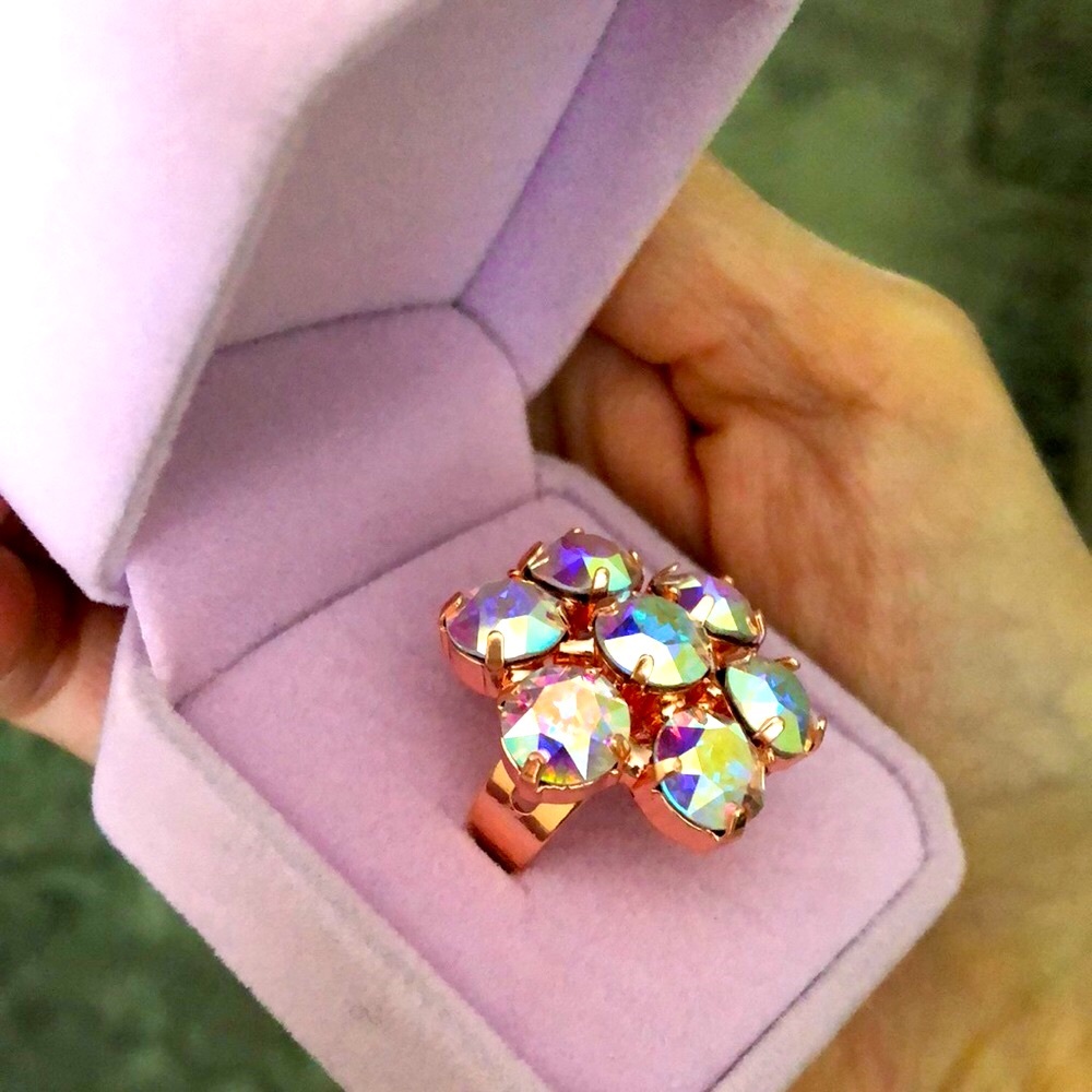 Aurora Borealis + Rose Gold Crystal Flower Statement Cocktail Ring - Picture 4 of 10